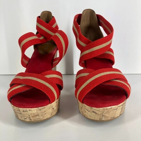 Merona Red Tan Stripe Elastic‎ Straps Cork Wedge Summer Sandals Sz 8.5 - Picture 3 of 14